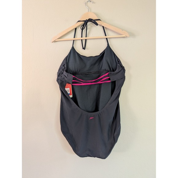 NWT Speedo Women's XL Black‎ Halter One Piece Swimsuit Pink Trim Open Back - Picture 2 of 9